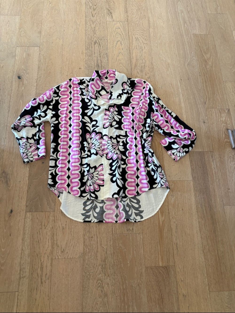 Printed Pink & Black Floral Button-Front Blouse